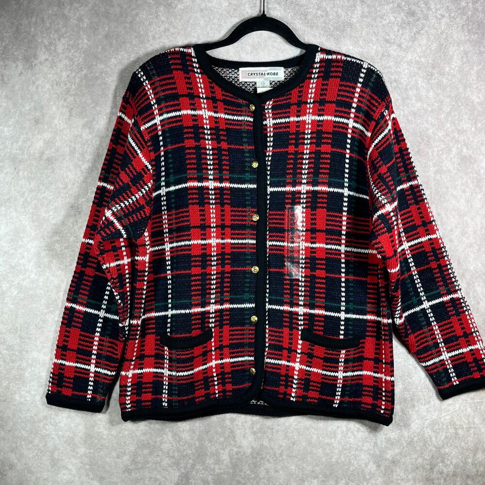 Vintage Crystal Kobe Cardigan Sweater‎ Womens L Red Plaid Knit Button Schoolgirl